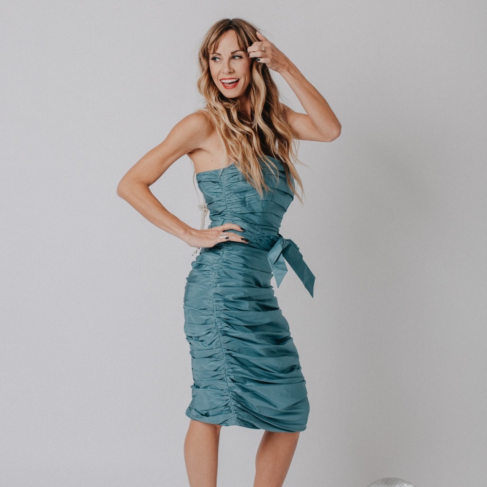 Betsey Johnson vintage 90’s silk ruched strapless cocktail dress
